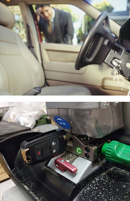 keys locked inside a car with the owner looking at them in frustration (top) new car key being cut on professional key cutting equipment (bottom)