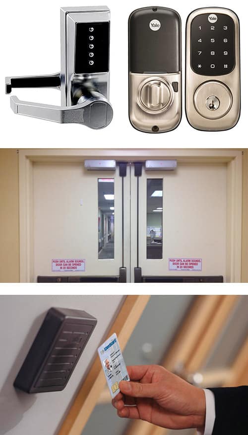Keypad locks (top) commercial doors with crash bars and maglocks (middle) and access control card reader and keycard (bottom)
