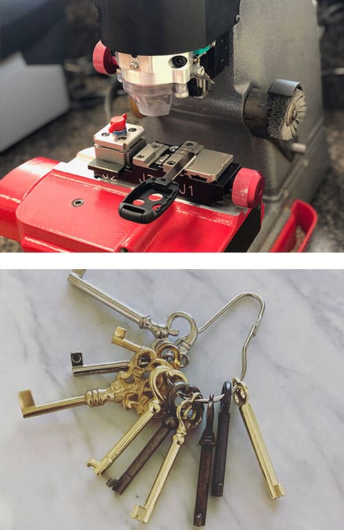 cutting a car transponder head key (top) and a ring of vintage skeleton keys (bottom)