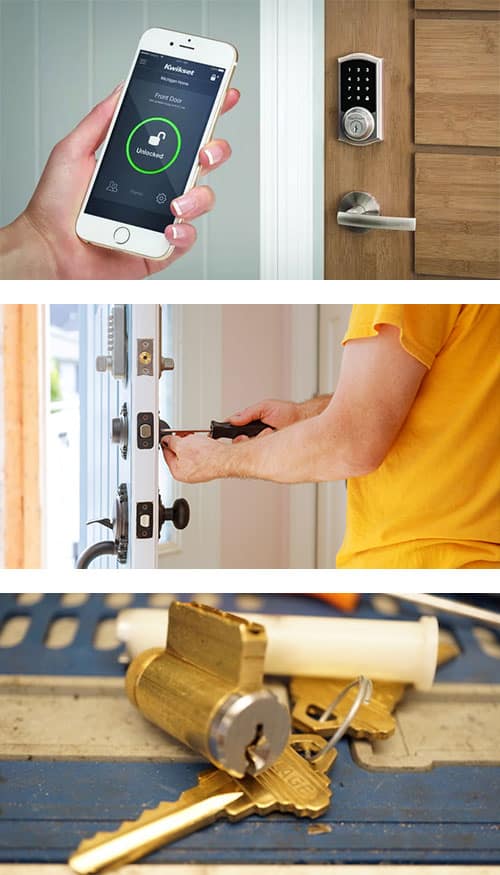 residential locksmith services: installing wifi-enabled smart locks (top) installing and repairing door locks (middle) and lock rekeying (bottom).